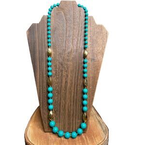 Vintage 2 tone Teal and Gold Bead Single Strand Necklace Signed JAPAN